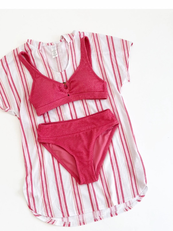 4piece Textured Red/Coral Bikini Set With Matching Stripe Cover-Up